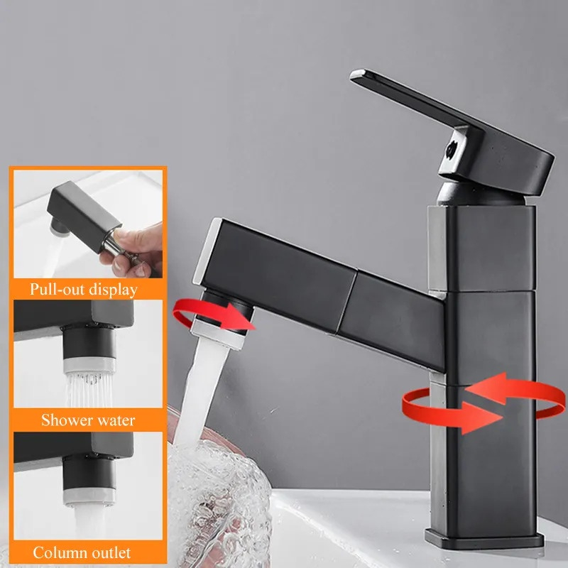 Baterie Chiuveta Pivotanta, Neagra, Furtun Extensibil, 180° Rotire, Trei Moduri de Iesire a Apei [6]