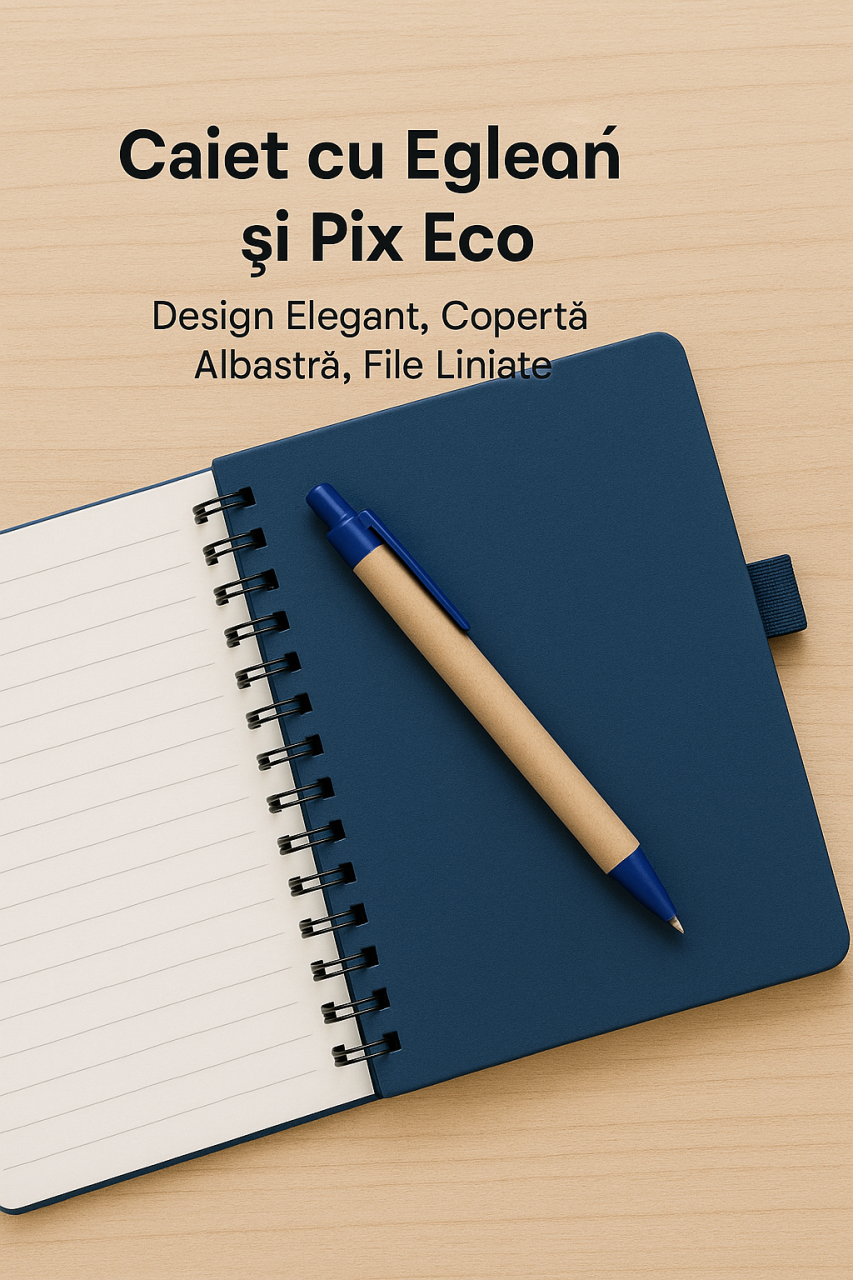 Caiet cu Spirală și Pix Eco – Design Elegant, Copertă Albastră, File Liniate [3]