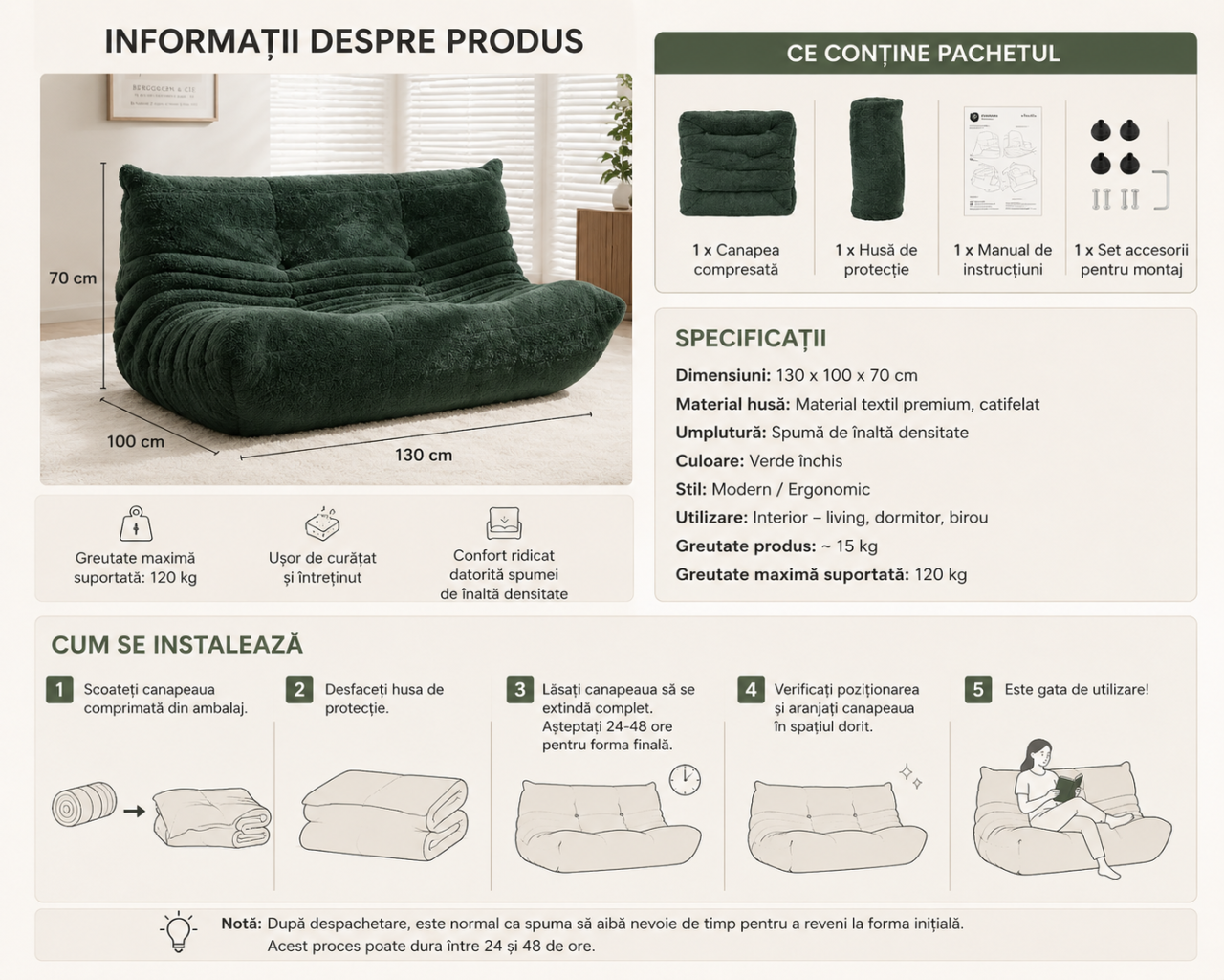 Canapea Compactă Ergonomică Tip Mushroom, Design Modern, 130 × 100 × 70 cm, Tapițerie Premium [5]