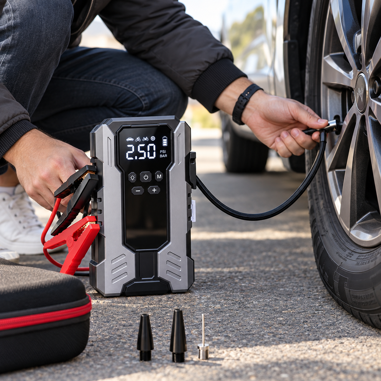 Compresor auto portabil 4 în 1 cu funcție de pornire și power bank [7]