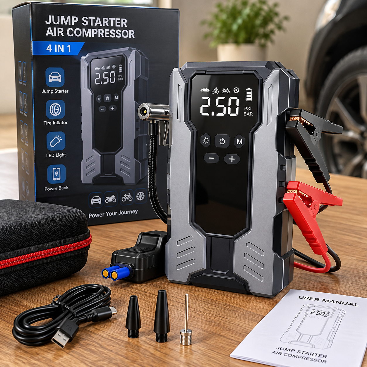 Compresor auto portabil 4 în 1 cu funcție de pornire și power bank [8]