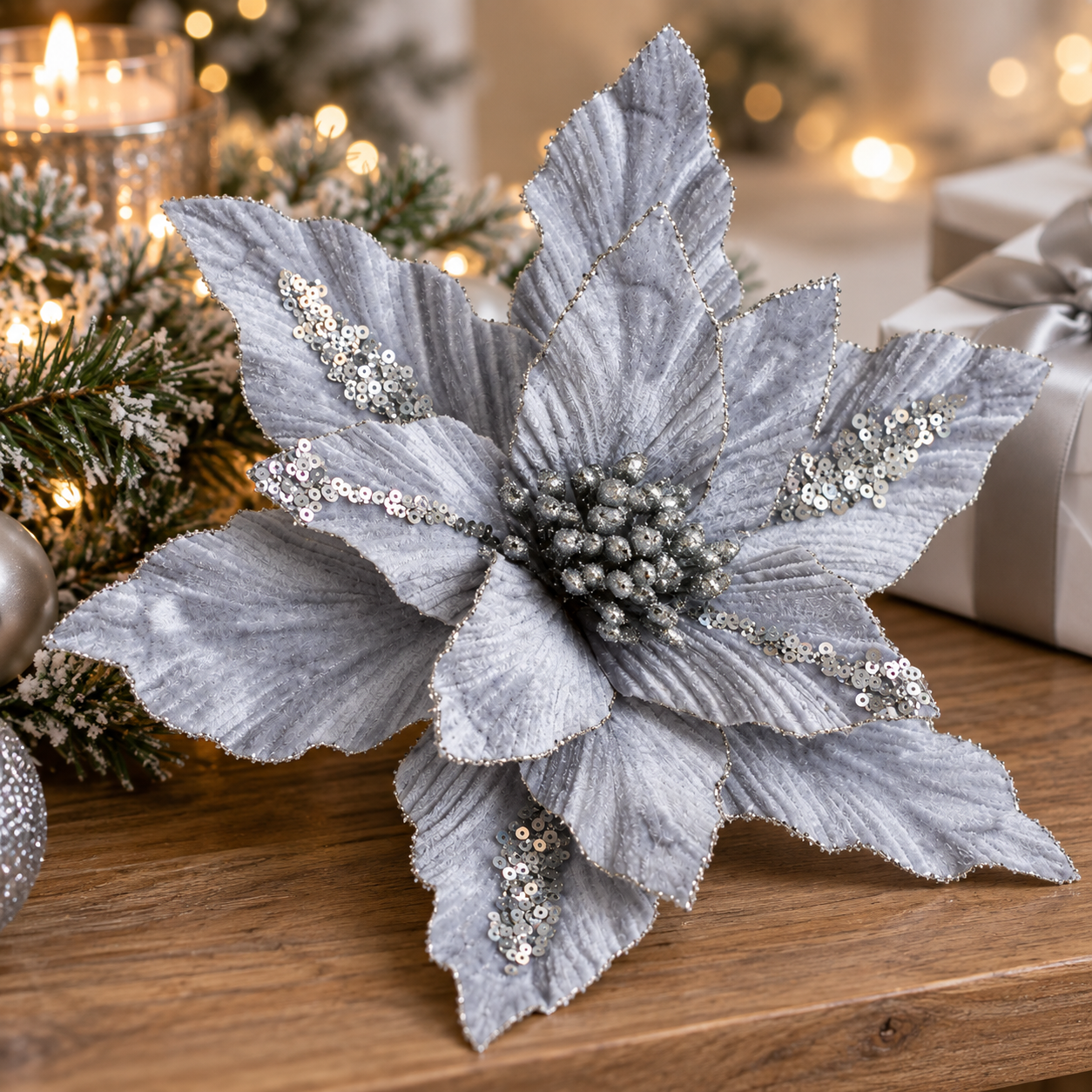 Floare decorativă argintie cu paiete pentru brad de Crăciun 26 cm [2]