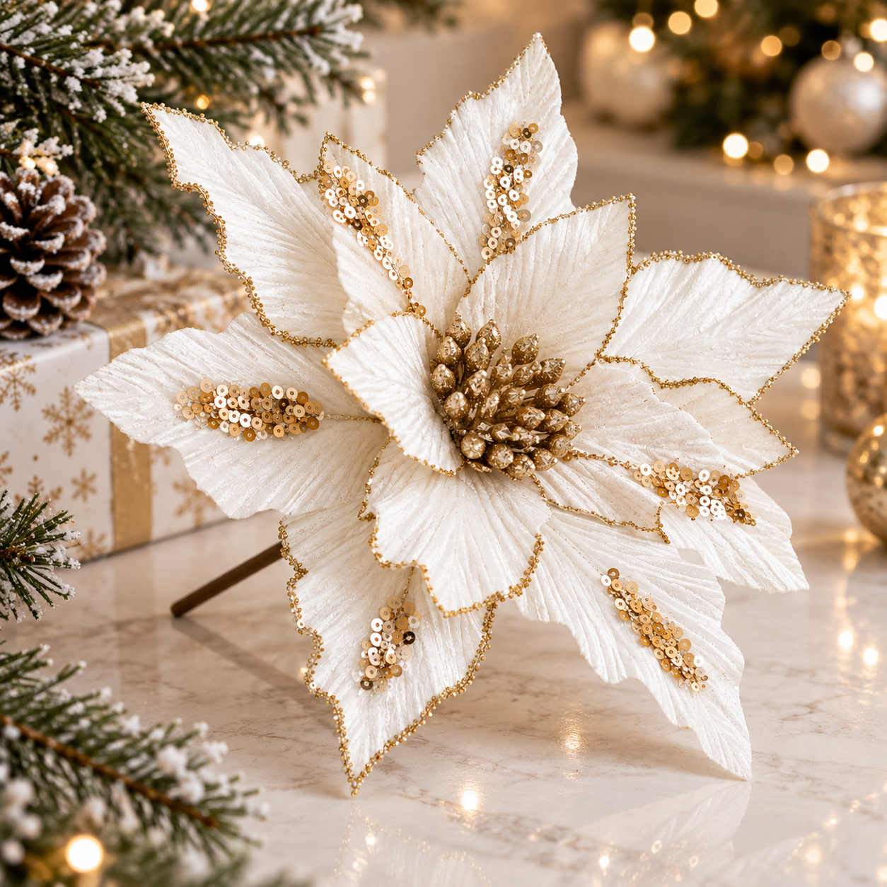 Floare decorativă albă cu detalii aurii pentru brad de Crăciun 26 cm [2]