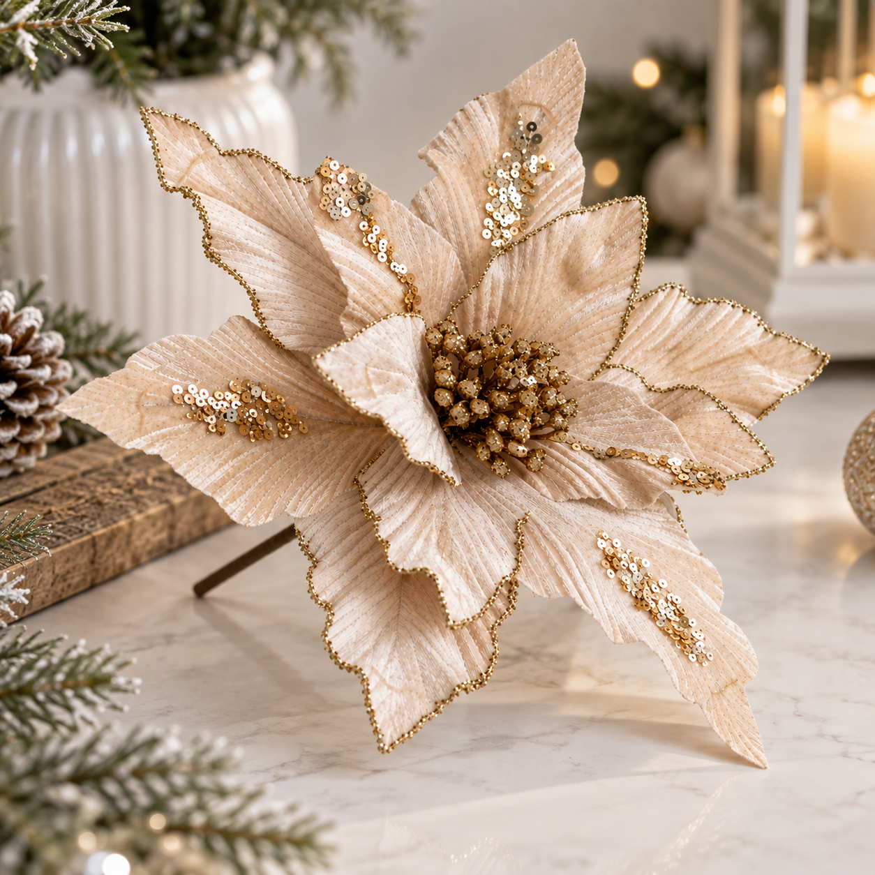 Floare decorativă champagne pentru brad de Crăciun 26 cm [2]