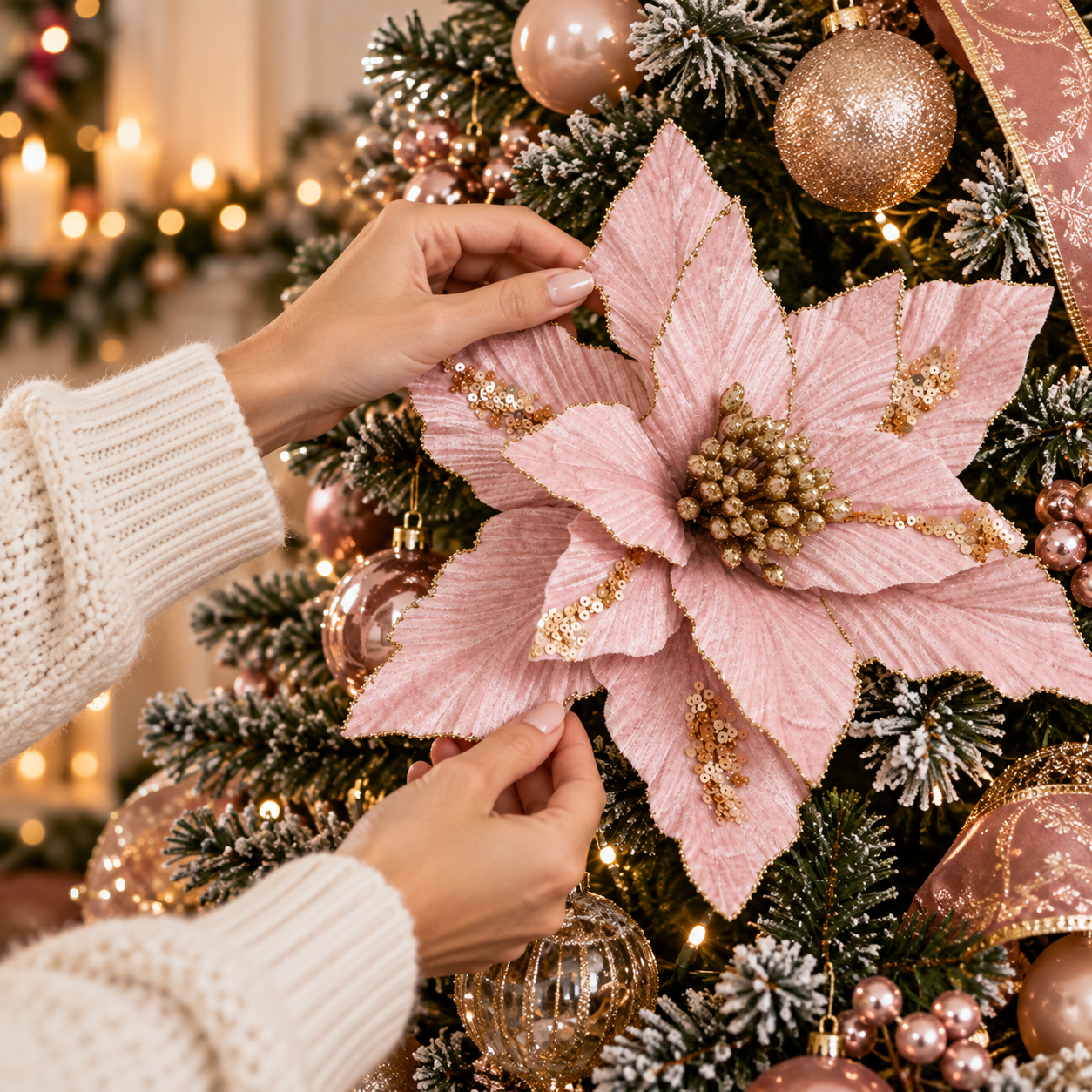 Floare decorativă roz cu detalii aurii pentru brad de Crăciun 26 cm [3]