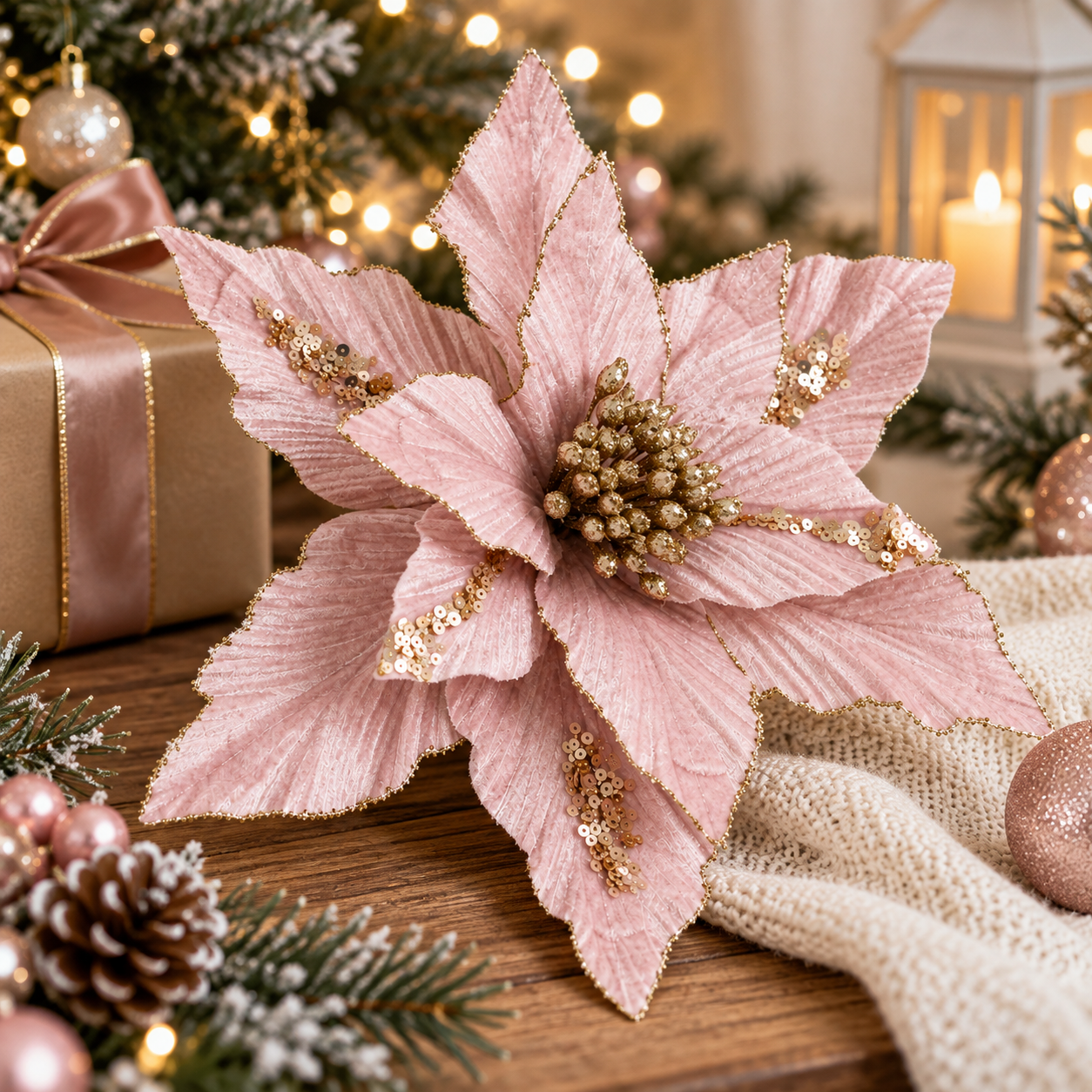 Floare decorativă roz cu detalii aurii pentru brad de Crăciun 26 cm [2]