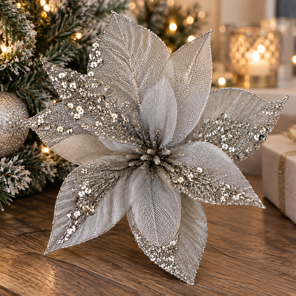 Floare decorativă argintie cu paiete și plasă pentru brad de Crăciun 28 cm [2]