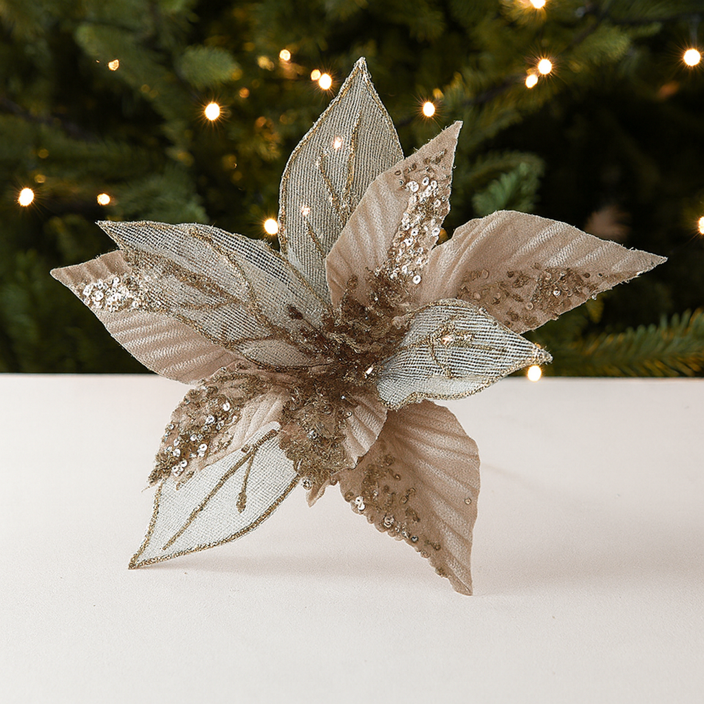 Floare de Crăciun ornamentală cu paiete și plasă argintiu – 28 cm, decor festiv elegant [2]