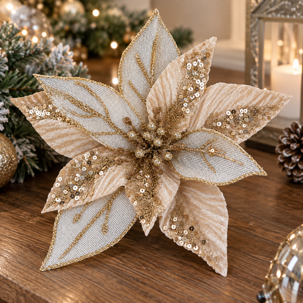 Floare decorativă champagne cu paiete și plasă pentru brad de Crăciun 28 cm [3]