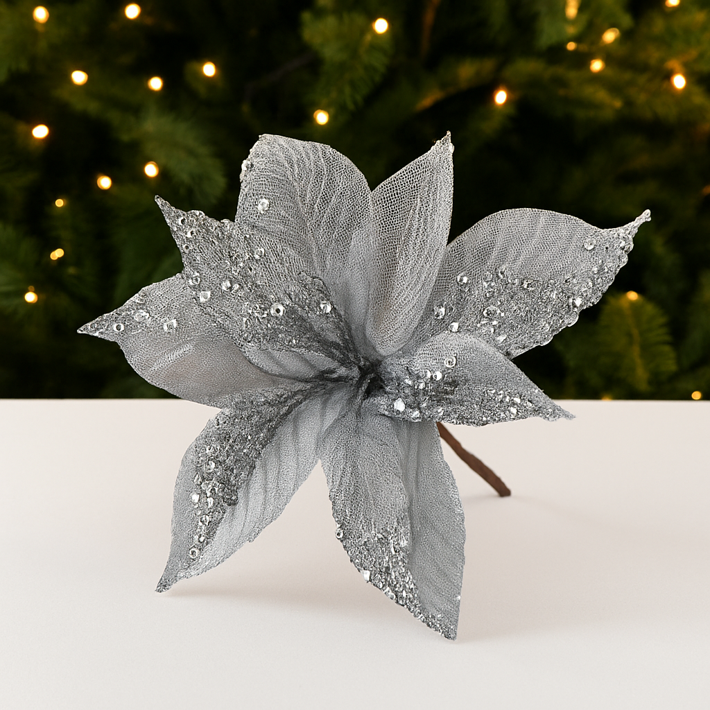 Floare de Crăciun ornamentală cu paiete și plasă culoare sampanie – 28 cm, decor festiv elegant [2]