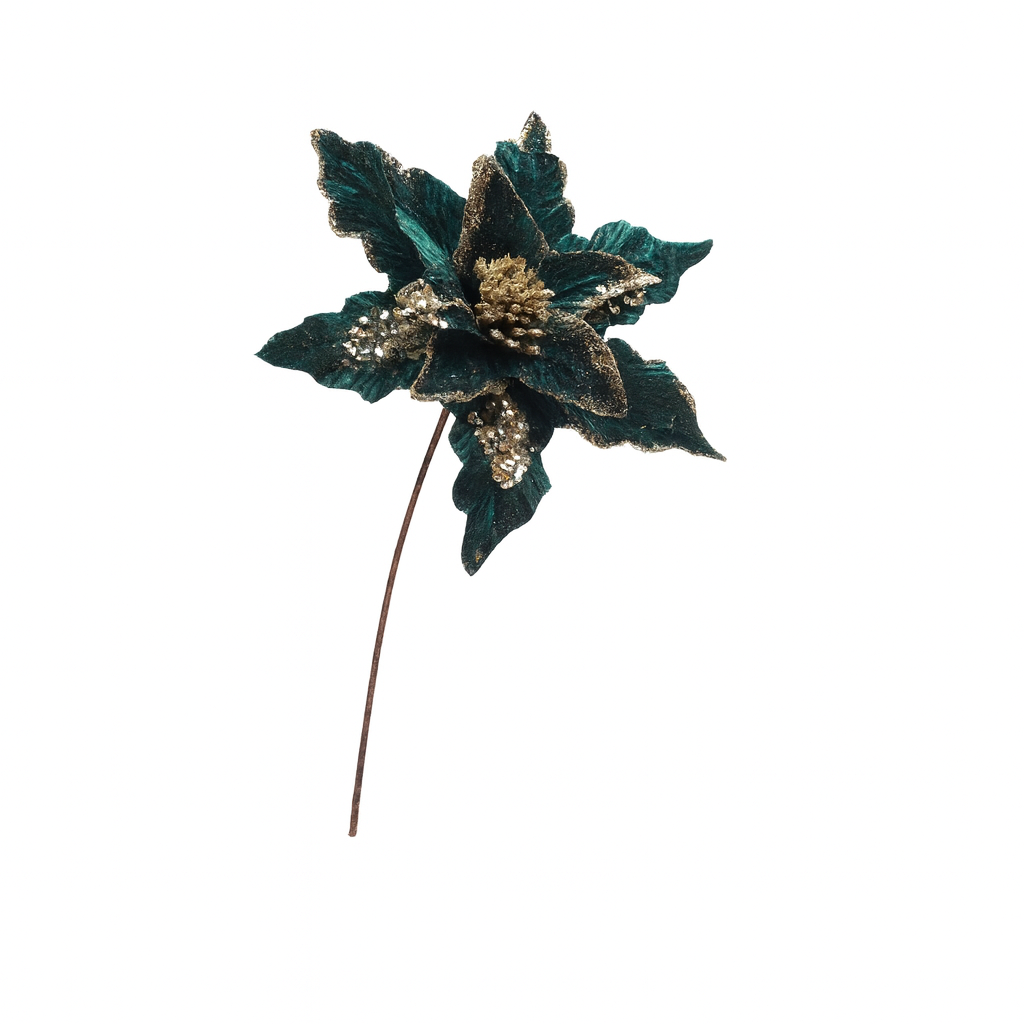 Floare de Crăciun verde din catifea, lucrată manual, cu sclipici și paiete – 30 cm [2]