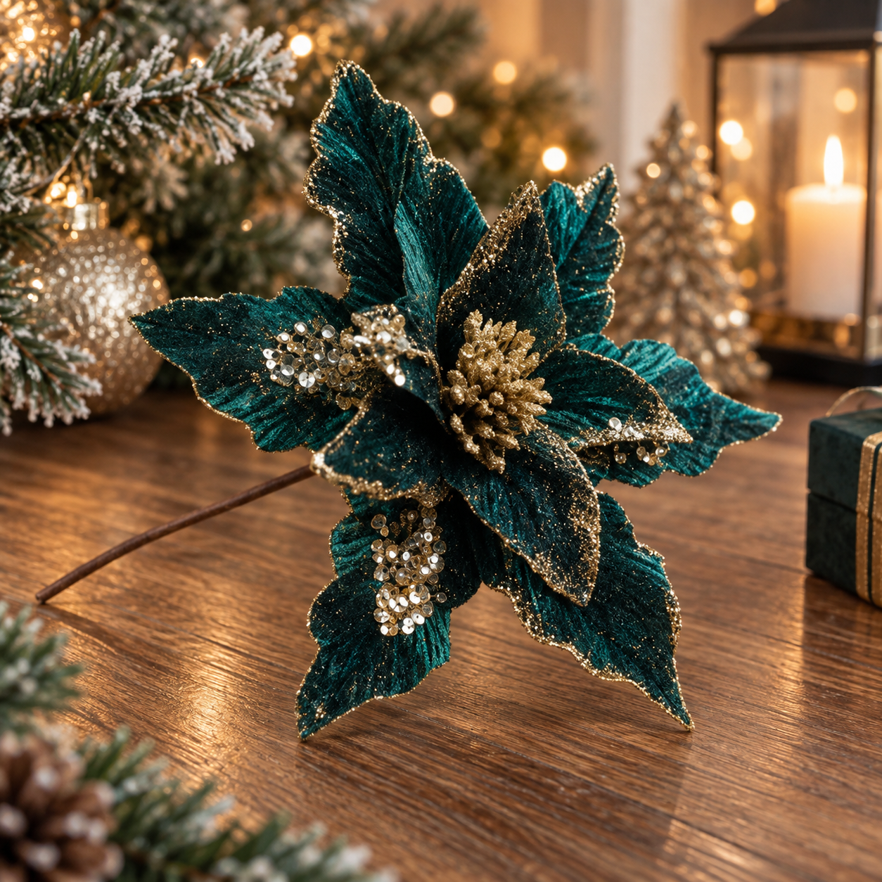 Floare decorativă verde smarald din catifea pentru brad de Crăciun 30 cm [2]