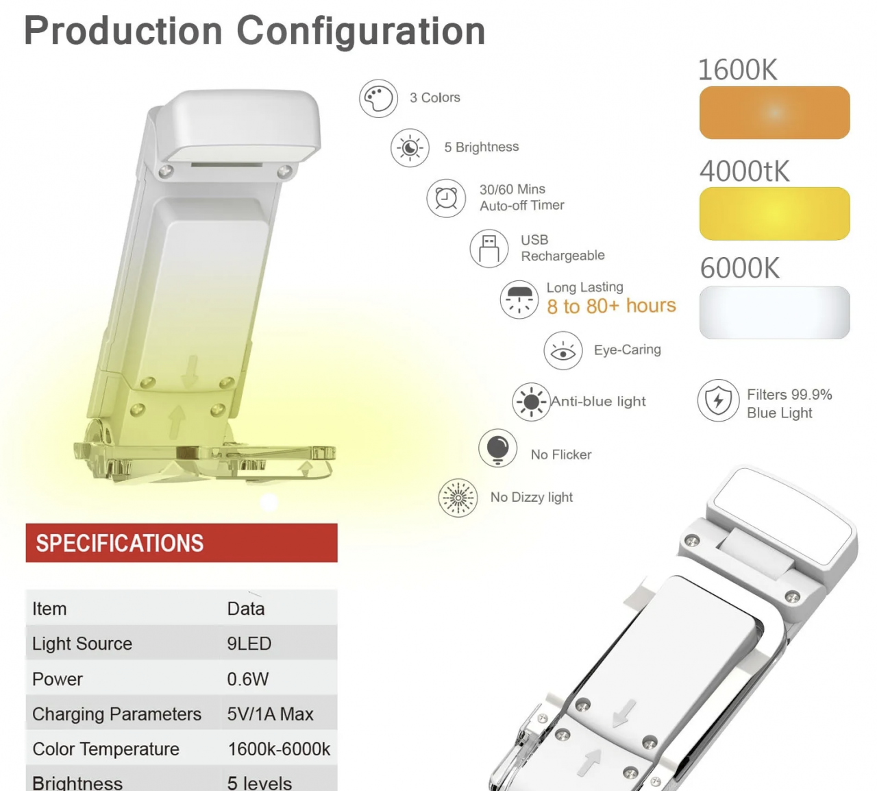 Lampa de citit compacta, ajustabila, cu 3 lumini LED si 5 trepte de intensitate – Perfecta pentru lectura confortabila [3]