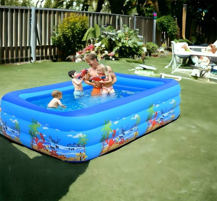 Piscină gonflabilă pentru copii, pătrată, model oceanic, 3 inele, albastră – pentru grădină și exterior 150x105x55cm [2]