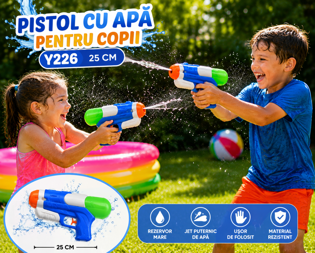 Pistol cu Apă pentru Copii Y226, 25 cm – Jucărie de Vară pentru Distracție și Joacă în Aer Liber [2]