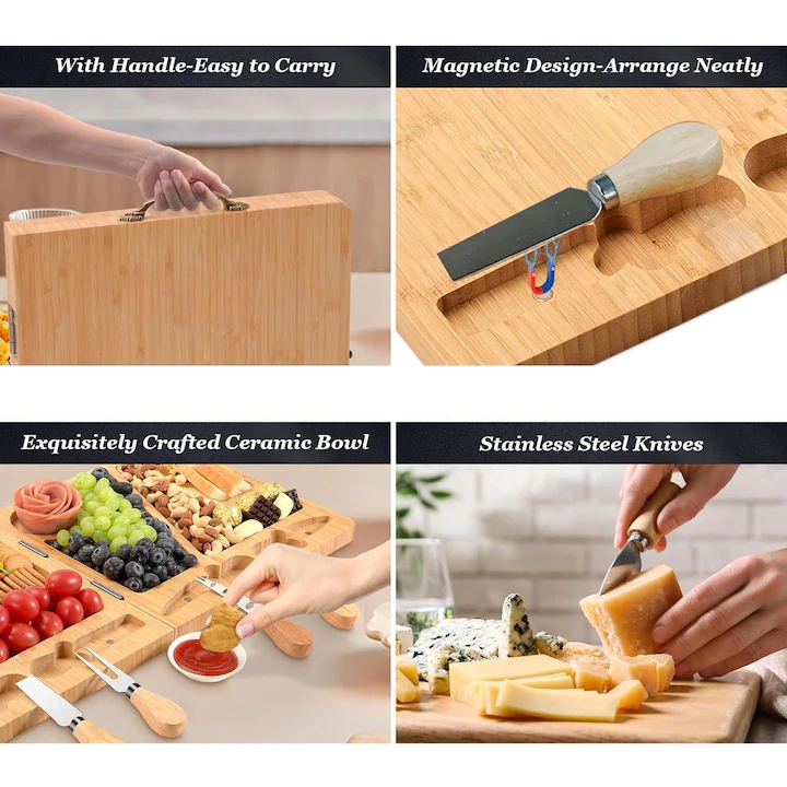 Platou Premium din Bambus pentru Branzeturi – Set cu 4 Ustensile din Inox, Ideal pentru Petreceri si Cadouri [3]