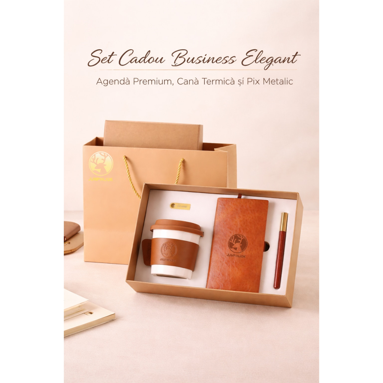 Set Cadou Business Elegant – Agenda Premium, Cana Termica si Pix Metalic Maro deschis [2]