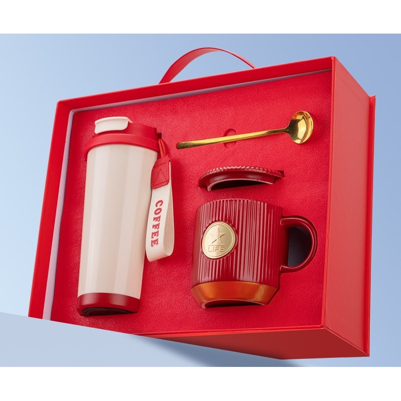 Set Cadou Cafea, 500ml, termos minimalist, cană ceramică striată, multicolor [1]