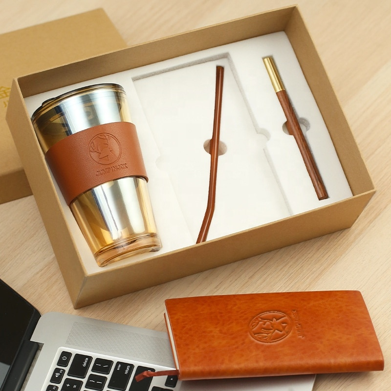 Set Cadou cu Pahar Metalic, Agenda si Pix, Maro, 450ml [2]