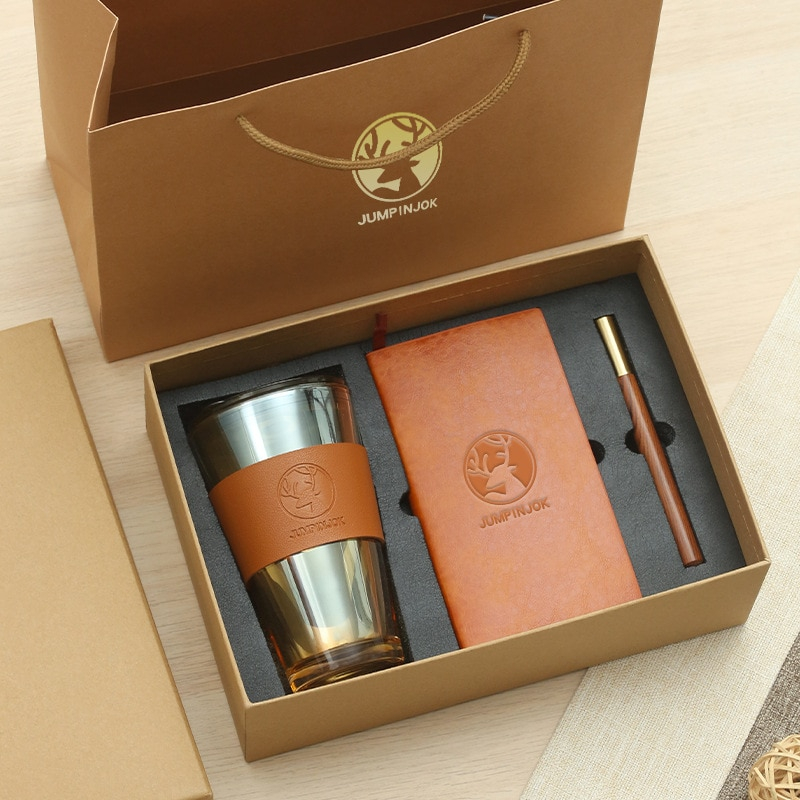 Set Cadou cu Pahar Metalic, Agenda si Pix, Maro, 450ml [3]