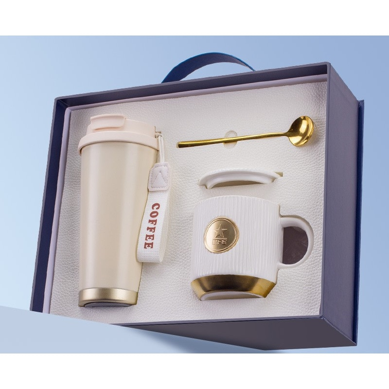 Set cadou pentru cafea, termos minimalist 500 ml, cană ceramică cu accente aurii, multicolor [1]