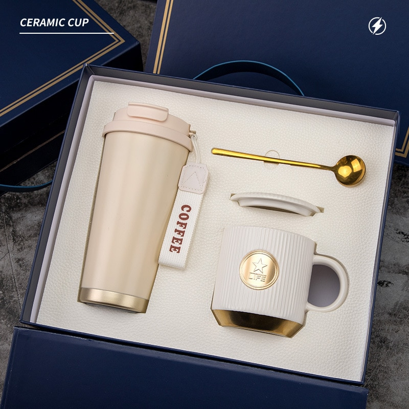 Set cadou pentru cafea, termos minimalist 500 ml, cană ceramică cu accente aurii, multicolor [2]