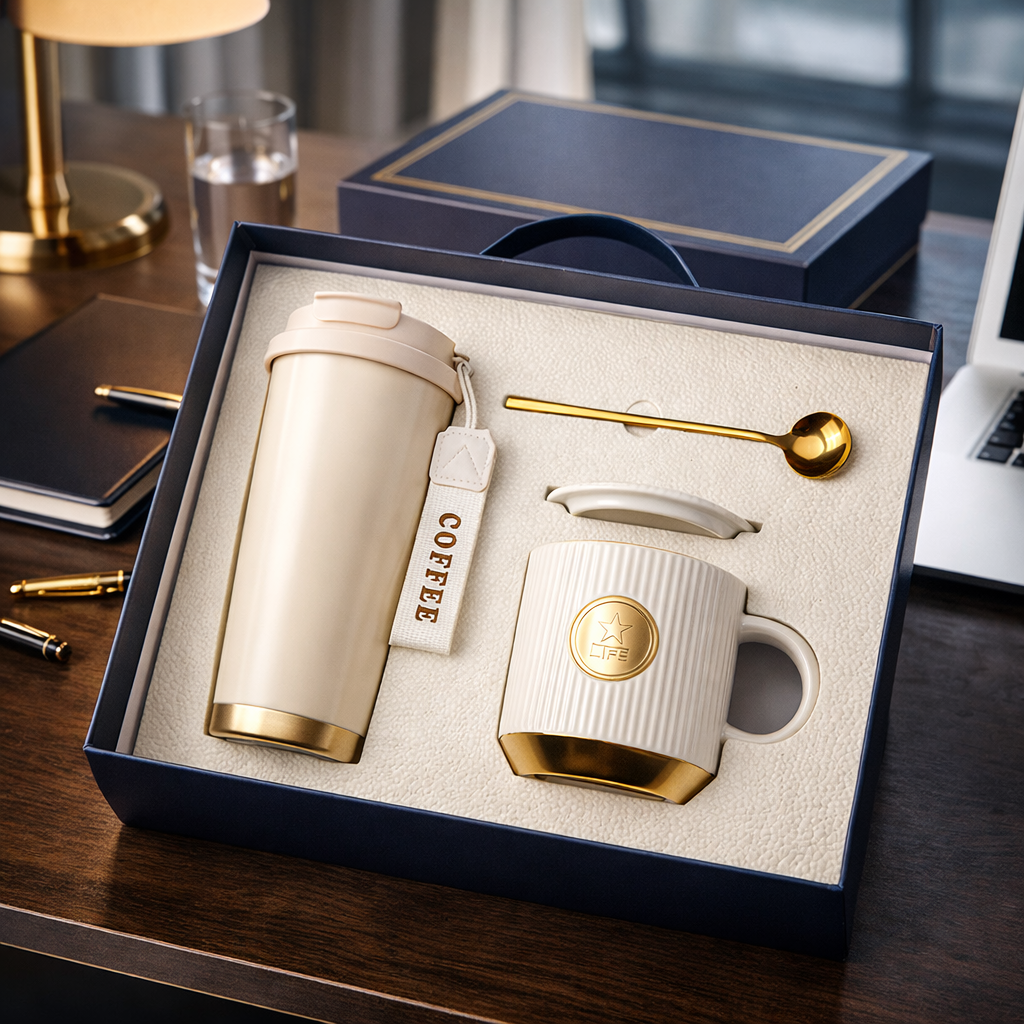 Set cadou pentru cafea, termos minimalist 500 ml, cană ceramică cu accente aurii, multicolor [5]