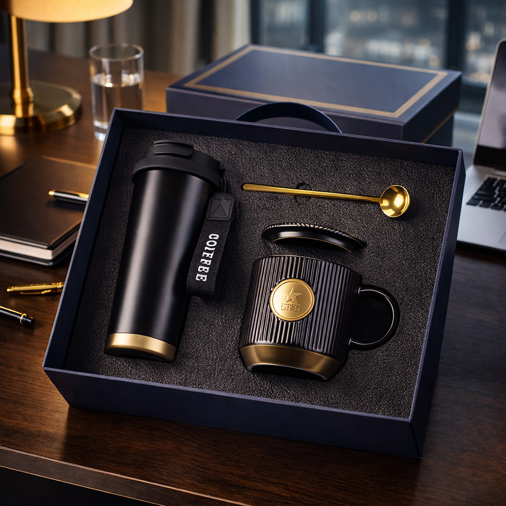 Set Cadou Premium pentru Cafea, termos 500ml, cană ceramică texturată cu accente aurii, multicolor [6]