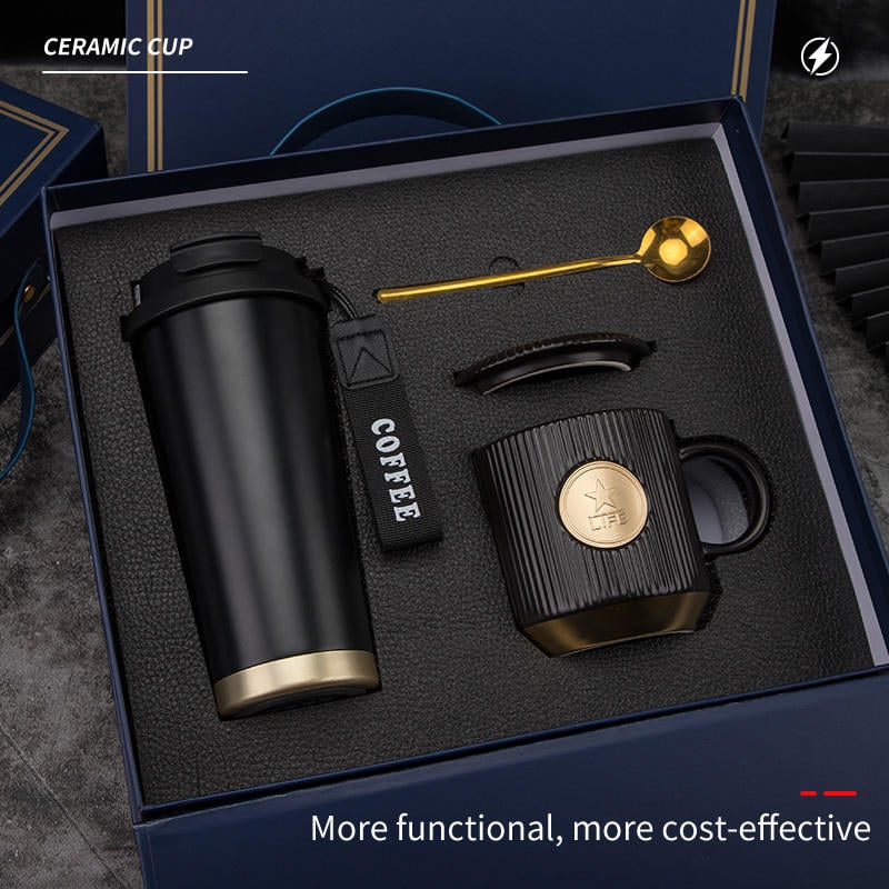 Set Cadou Premium pentru Cafea, termos 500ml, cană ceramică texturată cu accente aurii, multicolor [4]