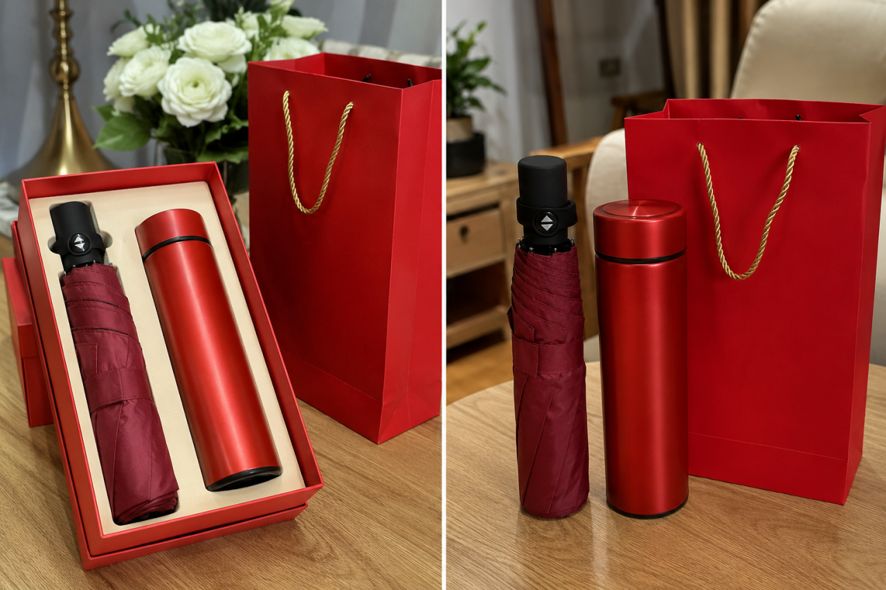 Set Cadou Premium – Termos din Oțel Inoxidabil și Umbrela pliabila, Roșu Metalizat, în Cutie Elegantă [2]