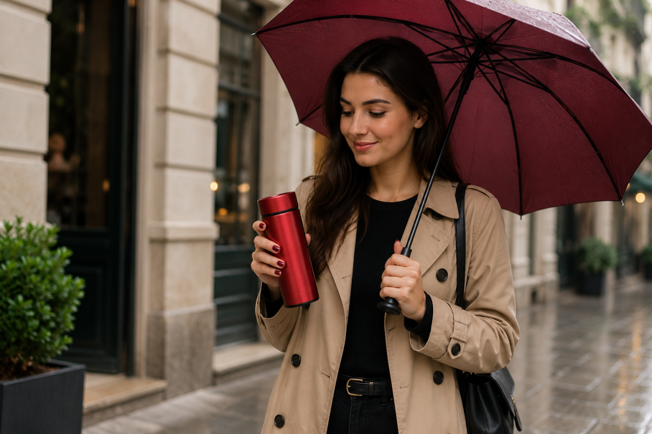 Set Cadou Premium – Termos din Oțel Inoxidabil și Umbrela pliabila, Roșu Metalizat, în Cutie Elegantă [4]