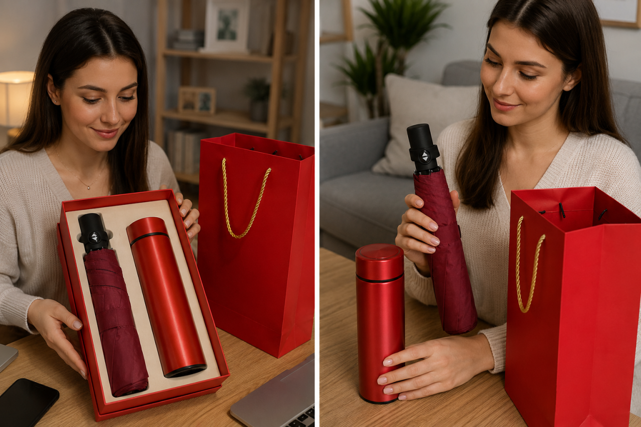 Set Cadou Premium – Termos din Oțel Inoxidabil și Umbrela pliabila, Roșu Metalizat, în Cutie Elegantă [3]