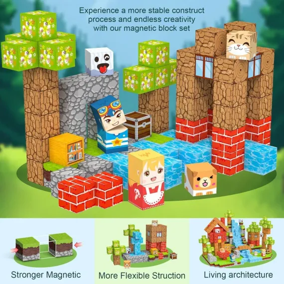Set cuburi magnetice construcție 3D – 57 piese, model fermă, joc educativ creativ pentru copii 3+ [2]