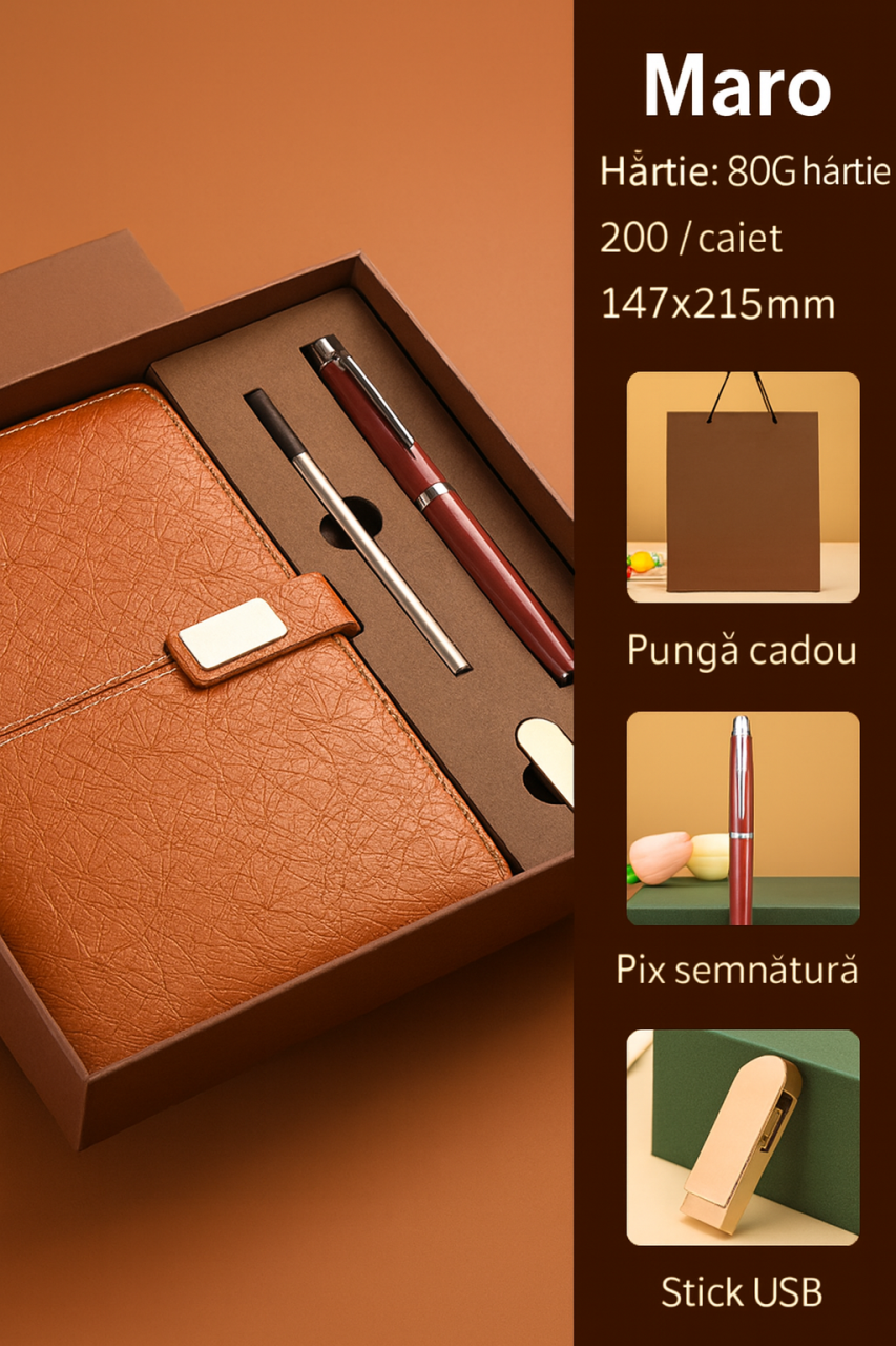 Set de birou elegant cu agenda din piele ecologica, pix metalic si stick USB – alegerea perfecta pentru cadouri business rafinate [1]