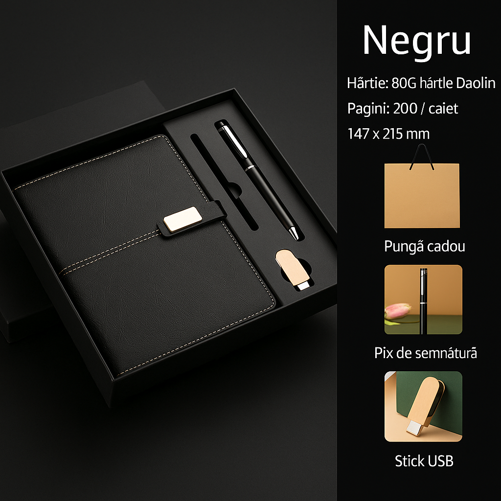Set de birou elegant cu agenda din piele ecologica, pix metalic si stick USB – alegerea perfecta pentru cadouri business rafinate [3]