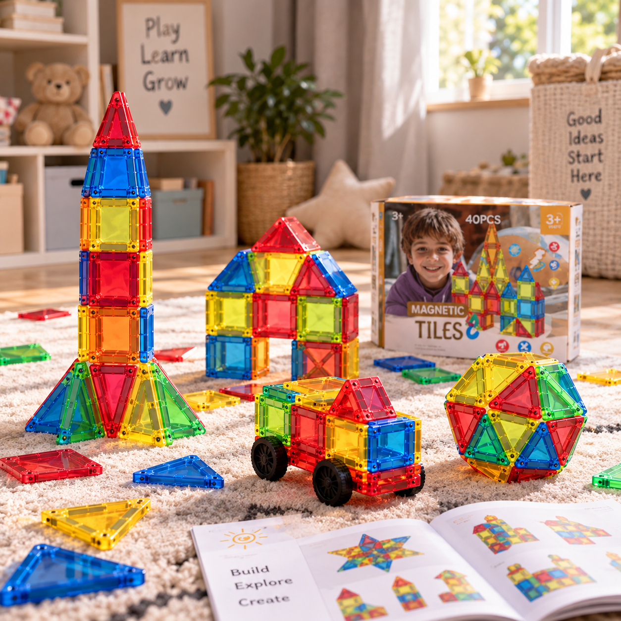 Set Magnetic Tiles pentru copii cu 40 de piese colorate [4]