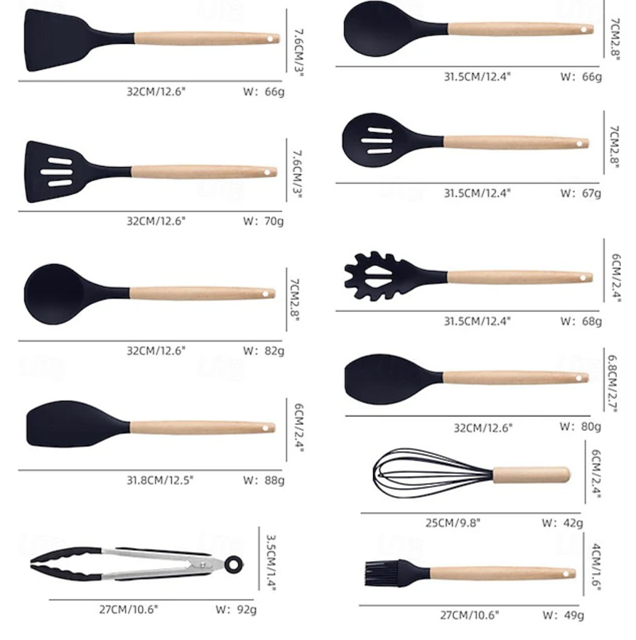 Set ustensile bucatarie 19 piese, Lemn si Silicon alimentar, Cutite, Tocator, Termorezistente, Antiaderente, Suport Blat, Negru [3]