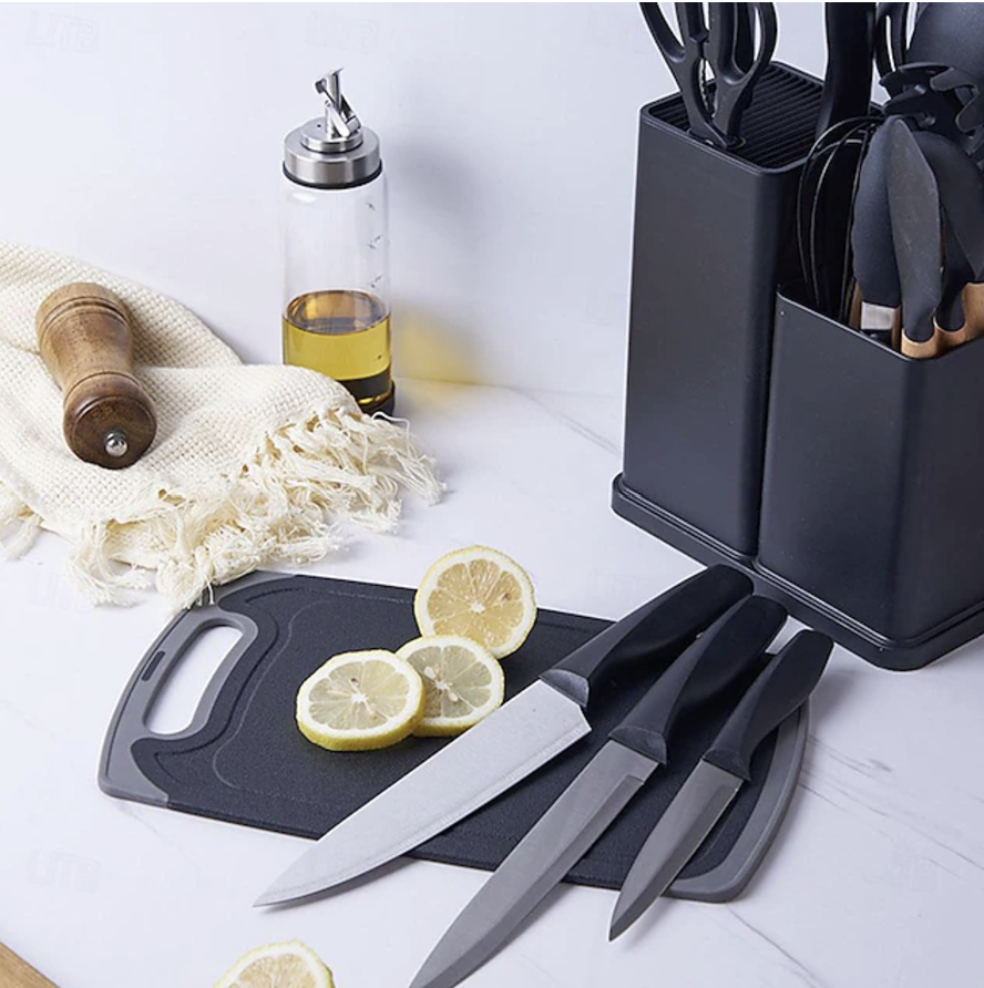 Set ustensile bucatarie 19 piese, Lemn si Silicon alimentar, Cutite, Tocator, Termorezistente, Antiaderente, Suport Blat, Negru [5]