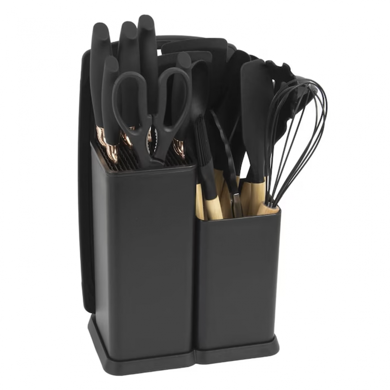 Set ustensile bucatarie 19 piese, Lemn si Silicon alimentar, Cutite, Tocator, Termorezistente, Antiaderente, Suport Blat, Negru [2]