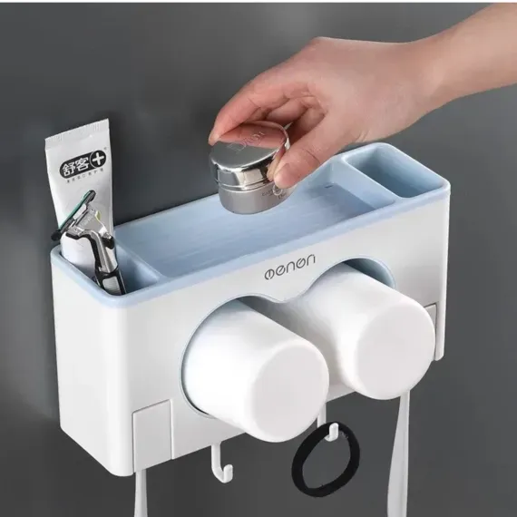 Suport Multifunctional pentru Baie 24x12 cm cu 2 Pahare – Organizator Perete din Plastic Rezistent [2]