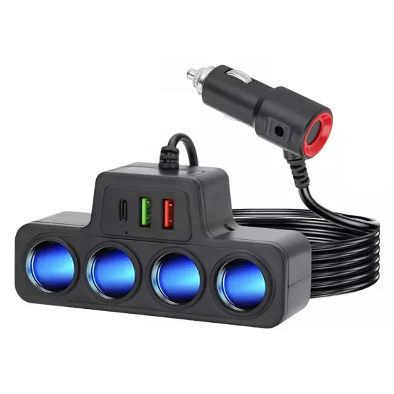 Produse pentru masini - Adaptor Bricheta Auto 4 Prize + 2 Porturi USB + Indicator LED – Incarcare Rapida, Compatibil Universal 12V/24V