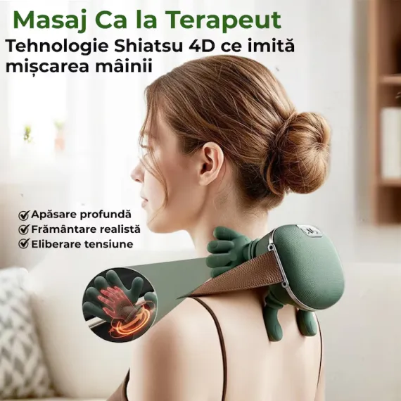 Masaj - Aparat Profesional de Masaj Cervical și Umeri cu „Mâini Bionice” – Tehnologie 5D, Încălzire Infraroșu, Reîncărcabil, pentru Relaxare și Recuperare Musculară