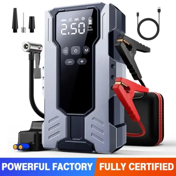 Camping - Compresor Auto Portabil 4 în 1 cu Power Bank și Pornire Auto – Mini Compresor Digital Reîncărcabil