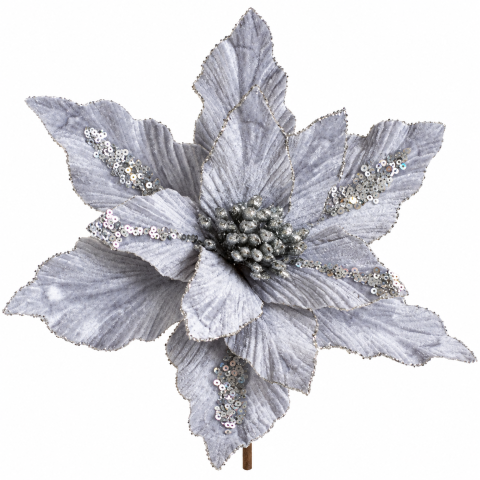 Ornamente de brad - Floare decorativă argintie cu paiete pentru brad de Crăciun 26 cm