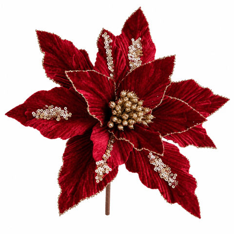 Ornamente de brad - Floare decorativă roșie cu detalii aurii pentru brad de Crăciun 26 cm