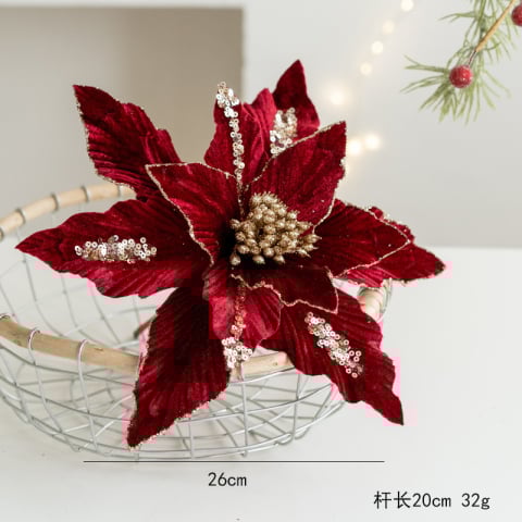 Ornamente florare brad - Floare de Crăciun din catifea premium, lucrată manual culoare rosie– ornament elegant pentru brad 26X20