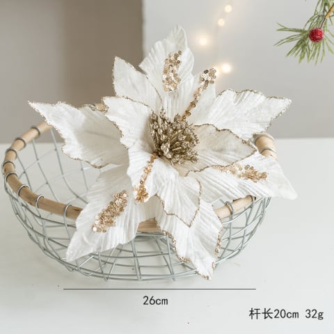 Ornamente florare brad - Floare de Crăciun din catifea premium, lucrată manual culoarea alb– ornament elegant pentru brad 26X20