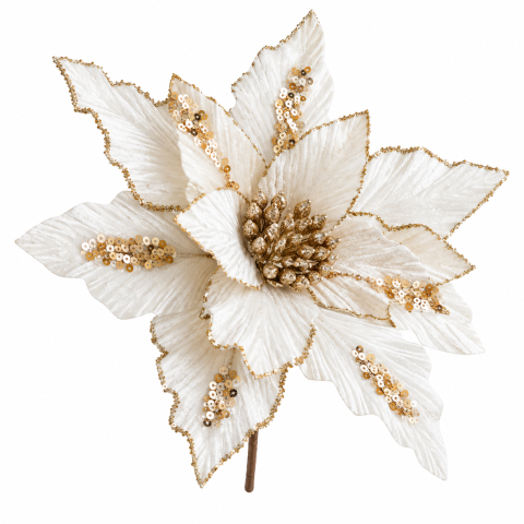 Ornamente de brad - Floare decorativă albă cu detalii aurii pentru brad de Crăciun 26 cm