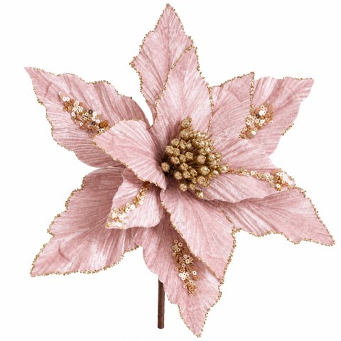 Ornamente de brad - Floare decorativă roz cu detalii aurii pentru brad de Crăciun 26 cm