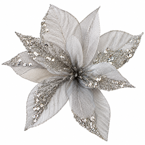Ornamente de brad - Floare decorativă argintie cu paiete și plasă pentru brad de Crăciun 28 cm